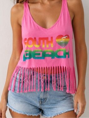 Retro Surf Style Neon Pink Fringe Tank Top - South Beach Graphic